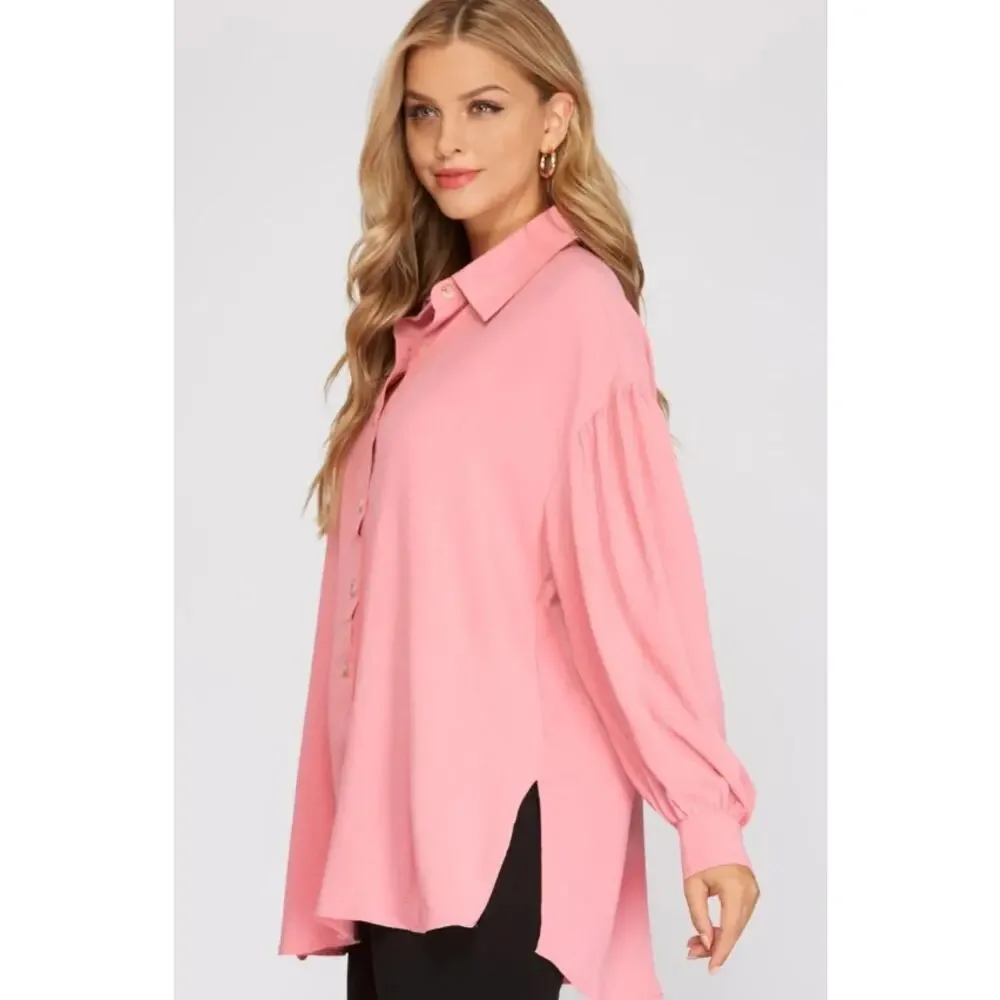 Rose Pink Button Down Blouse Balloon Sleeve Flowy Top Size Small - Picture 2 of 6